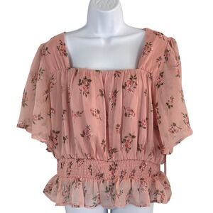 NWT Mixed Threads LA Women's 2X Pink Floral Smocked Peplum Blouse Babydoll Fairy